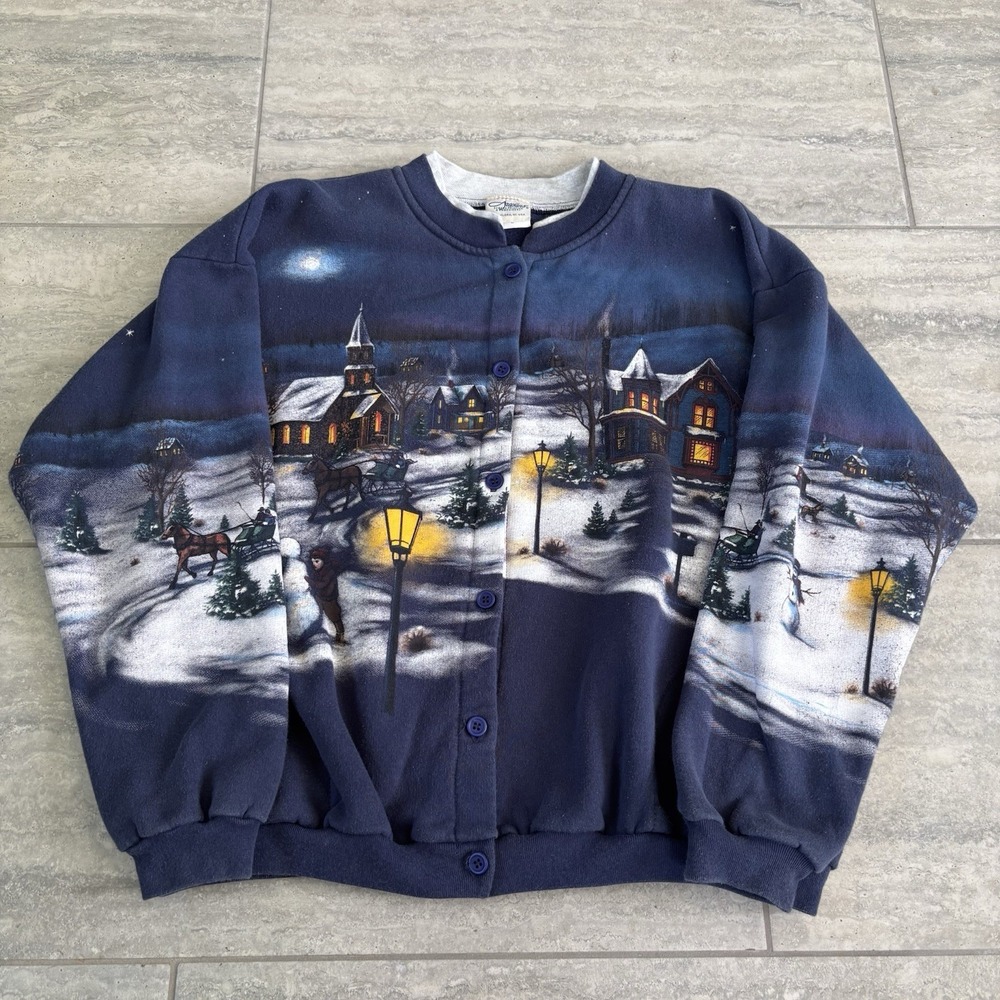 vtg Artisans all over print Navy Winter Scene Cardigan sweatshirt Large